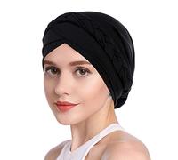 SIQITECH Femme Bonnet Turban Extensible Bonnet de Sommeil Coton Foulard Cheveux Femme Bonnet Nuit Musulmanes Inde Chapeau Musulman Tresse Torsadée Respirant Casquette de Perte de Cheveux (Noir)
