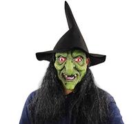 SIQITECH Masque Sorcière Vert Visage Cheveux Gris Halloween Adulte | Masque sorcière vert gris avec bonnet fixe pour adulte