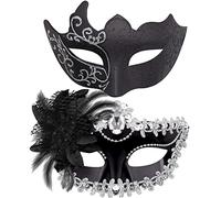 SIQUK 2 Pièces Masque Vénitien Couple pour Bal Masqué - Mascarade pour Les Yeux pour Femme Homme Halloween Carnaval, Noir & Argent