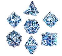 SIQUK 7 Pièces Jeu de Dés DND, Dés Polyédriques Creux Dés Métal D4/D6/D8/D10/D12/D20/D% Dice pour Donjons et Dragons RPG D&D（Bleu & Argent）