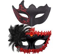 SIQUK Lot de masques vénitiens en plastique pour bal masqué - Masque de Mardi Gras pour homme et femme, noir/rouge, taille unique