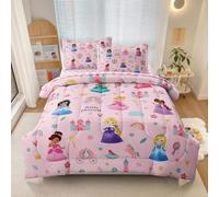 SIRDO Parure de lit 5 pièces douce et mignonne pour enfants - Motif château magique pour filles (1 couette, 1 drap plat, 1 drap-housse, 2 taies d'oreiller), rose