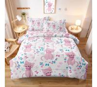 SIRDO Parure de lit dans un sac pour enfants - Motif chat mignon - Décoration de chambre à coucher - Motif floral et papillon - Lit jumeau