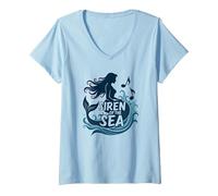Siren of The Sea : Enchanting Mermaid Melody T-Shirt avec Col en V, Femme, Bleu Céleste, S