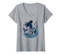 Siren of The Sea : Enchanting Mermaid Melody T-Shirt avec Col en V, Femme, Gris Chiné, S