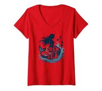 Siren of The Sea : Enchanting Mermaid Melody T-Shirt avec Col en V, Femme, Rouge, S