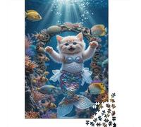 sirène chatPuzzle Classique 1000 Pièces en Carton Épais Récif corallien en mer Profonde pour Couples Relaxation Mentale Divertissement Familial Cadeau d'anniversaire 52x38cm/1000pcs