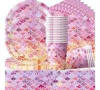 Sirène Fêtes Vaisselle Set,Sirene Thème Vaisselle Set,61PCS Kit Vaisselles réutilisable Decoration Anniversaire Sirene,Anniversaire Assiette Dîner Papier Tasse Serviette Party Fête Mariages 20 Invités
