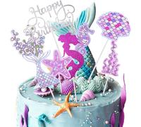 Sirène Gâteau Topper Délicat Topper de Gâteau de Glitter d'Océan Queue de Sirène Décoration de Gâteau Glitter Cupcake Topper Happy Birthday Cake Topper,pour fête Anniversaire Douche