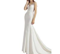 Sirène Plage Robe De Mariée Tulle Appliqued Demoiselle d'honneur Robes De Soirée Col en V De Bal Robes De Mariée Robes avec Long Train,White,XXL