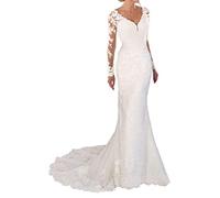 Sirène Robe de Mariée, Robe de Mariée, Robe de Soirée en Dentelle Transparente, Col en v, SEVENYXX, Blanc, 48