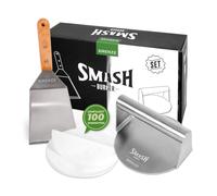 SIRENZE Smash Burger Kit professionnel en acier inoxydable 304 - Presse à hamburgers - Certificats EU contact alimentaire - Comprend Smasher, 100 pièces de papier antiadhésif et spatule