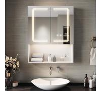 SIRHONA Armoire de Toilette Miroir, Armoire Murale avec Éclairage LED et Prises de Courant, Interrupteurs à Commande Tactile, Dimmable,avec Rangement et Étagères en Verre Réglables, 60 x 75 x 13cm