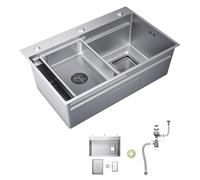 SIRHONA Evier Cuisine en Acier Inoxydable 70x45cm, avec Panier égouttoir, Passoire carrée, Lavabo Cuisine pour Meubles, Bord large à trois trous, avec Dernier Siphon et Trop-plein, Nano argent