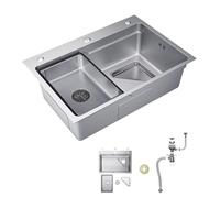 SIRHONA Evier Cuisine en Acier Inoxydable 70x48cm, avec Panier égouttoir, Passoire triangle, Lavabo Cuisine pour Meubles, Bord large à trois trous, avec Dernier Siphon et Trop-plein, Argent