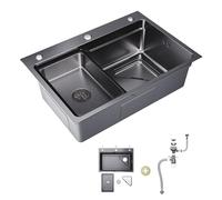 SIRHONA Evier Cuisine en Acier Inoxydable 70x48cm, avec Panier égouttoir, Passoire triangle, Lavabo Cuisine pour Meubles, Bord large à trois trous, avec Dernier Siphon et Trop-plein, Noir