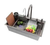 SIRHONA Évier de Cuisine Cascade en Noir, Evier multifonction de Cuisine en Acier Inoxydable avec Robinet Extensible, Rinceuse Tasses, Panier Filtrant et Planche à Découper (80x45 cm)