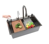 SIRHONA Évier de Cuisine Cascade en Noir, Evier multifonction de Cuisine en Acier Inoxydable avec Robinet Extensible, Rinceuse Tasses, Panier Filtrant et Planche à Découper (75x45 cm)