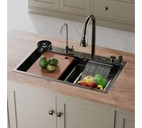 SIRHONA Évier de Cuisine Multifonctionnel à Encastrer, 1 Bac Nano Noir Évier de Cuisine Cascade en Acier Inoxydable avec Robinet Extractible Poisson Volant, Affichage de la Température (75x45 cm)