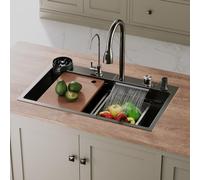 SIRHONA Évier de Cuisine Multifonctionnel Cascade, Évier de Cuisine en Acier Inoxydable Nano Noir Avec Robinet de Poisson Volant Rétractable, Fonctionnement Silencieux(75x45 cm)