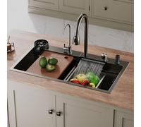 SIRHONA Évier de Cuisine Multifonctionnel Cascade, Évier de Cuisine en Acier Inoxydable Nano Noir Avec Robinet de Poisson Volant Rétractable, Fonctionnement Silencieux(80x45 cm)