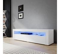 SIRHONA Meuble TV Blanc, Meuble Tele avec LED, Éclairage LED RGB avec Couleur réglable, 2 Placards avec Portes, 160x40x45cm, Convient pour Salon ou Chambre