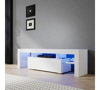 SIRHONA Meuble TV LED Blanc, Banc TV 160x35x45cm, Éclairage LED RGB avec Couleur réglable, Capacité de Charge 30 kg, Convient pour Salon ou Chambre