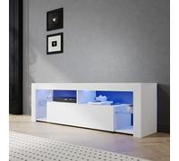 SIRHONA Meuble TV LED Blanc, Banc TV 160x35x50.5cm, Éclairage LED RGB avec Couleur réglable, Capacité de Charge 30 kg, Convient pour Salon ou Chambre