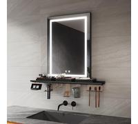 SIRHONA Miroir LED Salle de Bain 50x70cm, Planche de Rangement avec Boîte de Maquillage, Petit Support, Miroir Lumineux Salle de Bain avec Eclairage Intégré, Anti-buée, CRI＞90