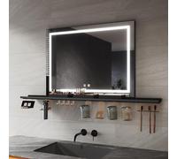 SIRHONA Miroir LED Salle de Bain 80x60cm, Planche de Rangement avec Boîte de Maquillage, Petit Support, Miroir Lumineux Salle de Bain avec Eclairage Intégré, Anti-buée, CRI＞90