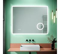 SIRHONA Miroir LED Salle de Bain 90x70cm, Miroir Lumineux Salle de Bain avec Anti-buée, 3X Loupe, Affichage de L'heure, Prise pour Rasoir