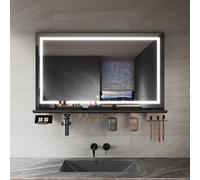 SIRHONA Miroir Salle de Bain 100x60cm avec Planche de Rangement, Miroir Anti-buée avec éclairage, Dimmable et 3 Couleurs Réglable, Boîte de Maquillage, Petit Support, Mémoire, CRI＞90