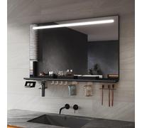 SIRHONA Miroir Salle de Bain 100x60cm avec Planche de Rangement, Miroir Anti-buée avec éclairage, Dimmable et 3 Couleurs Réglable, Boîte de Maquillage, Petit Support, Mémoire, CRI＞90
