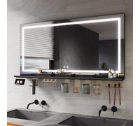 SIRHONA Miroir Salle de Bain 120x60cm avec Planche de Rangement, Miroir Anti-buée avec éclairage, Dimmable et 3 Couleurs Réglable, Boîte de Maquillage, Petit Support, Mémoire, CRI＞90
