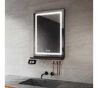 SIRHONA Miroir Salle de Bain 50x70cm avec Planche de Rangement, Miroir Anti-buée avec éclairage, Dimmable et 3 Couleurs Réglable, Petit Support, Mémoire, CRI＞90
