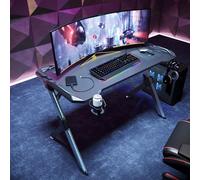 SIRHONA Table de jeu 120 x 60 x 75 cm, grande table de jeu avec LED, porte-gobelet et support pour casque, noir