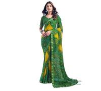 SIRIL Sari en mousseline de soie imprimé Bandhani avec chemisier pour femme, Vert et jaune, taille unique