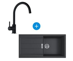 Sirius Evier à encastrer 100×50cm 1 bac avec égouttoir, Tectonite, Onyx + Mitigeur col de cygne, Fragranit, Onyx