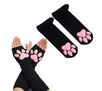 SIROLISA Costume mignon de patte de chat, cosplay kawaii doux 3D orteils haricots sans doigts pattes de chat pour femme (noir, gants longs + chaussettes)