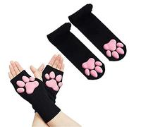 SIROLISA Costume mignon de pattes de chat, chat Kawaii, Cosplay, Kawaii, douces haricots 3D en forme de doigts, griffes de chat sans doigts, ensemble Cosplay pour femmes (Gants courts noirs +