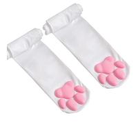 SIROLISA Moufles en silicone 3D avec oreilles de chat mignonnes pattes de chat orteils en forme de pattes de chat chaussettes hautes pour femme fille Halloween Noël Cosplay, Chaussettes blanches.,