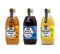 Sirop Kit d'essai bio souris > pêche orange | cerise aigre | citron vert > mélanger jusqu'à 12 l de boisson, 100 % bio, 100 % savoureux et 100 % souris