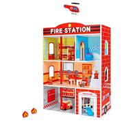 SirWood Globo Giocattoli 39960 Station de Pompiers en Bois 3 étages et Accessoires 15 pièces 39960