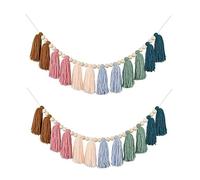 Sirxlevcy 2 Pièces Guirlande de Pompons Bohème Arc-en-Ciel avec Perles en Bois, Décoration de Fête Prénatale