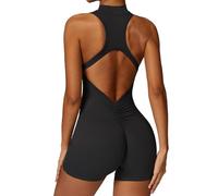 SISAY Combishort Moulant Femme avec Fermeture Eclair Devant Combinaison Yoga Body Sculpt Jumpsuit Short Sport Combi Courte Vetement Musculation Survêtement Entraînement pour Pilate Jogging Gym Fitness