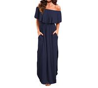 SISAY Femme Robe Longue Épaule Nu Ébouriffer Fente Avant Robes de Plage Été Manches Courte Robe Maxi Robe de Soirée avec Poche Col Bateau Bohème Bustier Robe Plissée Longue pour Cocktail de Mariage