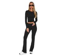 SISAY Tenue de Sport Femme Ensemble Pantalon Legging Evase et Crop Top Manche Longue Vetement Musculation 2 Pièces Survêtement Entraînement pour Yoga Pilate Jogging Fitness Danse Sweatsuit Gym Outfits