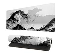 Siski Tapis de souris de jeu noir et blanc avec motif vagues de mer japonaises, long pour clavier d'ordinateur, 80 x 30 cm avec bords cousus, grand tapis de souris étendu avec base en lycra