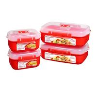 Sistema Microwave Heat & Eat Contenants de Cuisson Micro-Ondes, Lot de 4 | Boîtes à Repas Rectangulaires en Plastique Rouge, Usage Multifonction avec Couvercle Vapeur transparent
