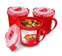 Sistema Microwave Mugs à Soupe de Cuisson Micro-Ondes, 656 mL, Lot de 3 | Récipients Alimentaire en Plastique Rouge, Couvercle Vapeur, pour Conserver et Réchauffer Soupe, Nouilles et Boissons Chaudes